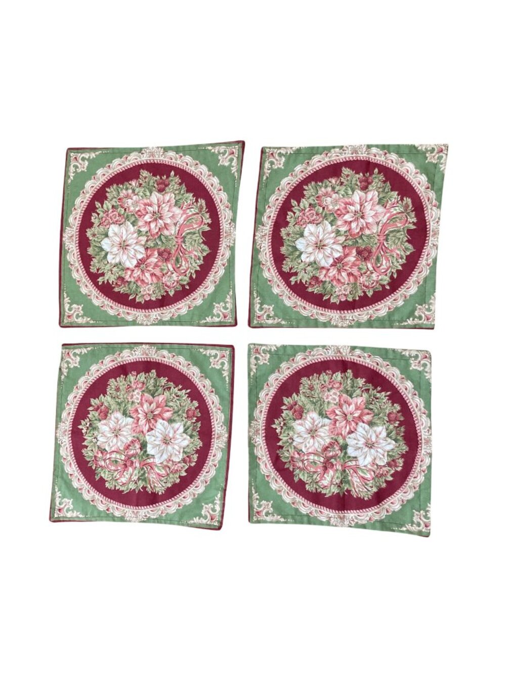Handmade Christmas Victorian Style Placemats Pink White Poinsettia Set of 4